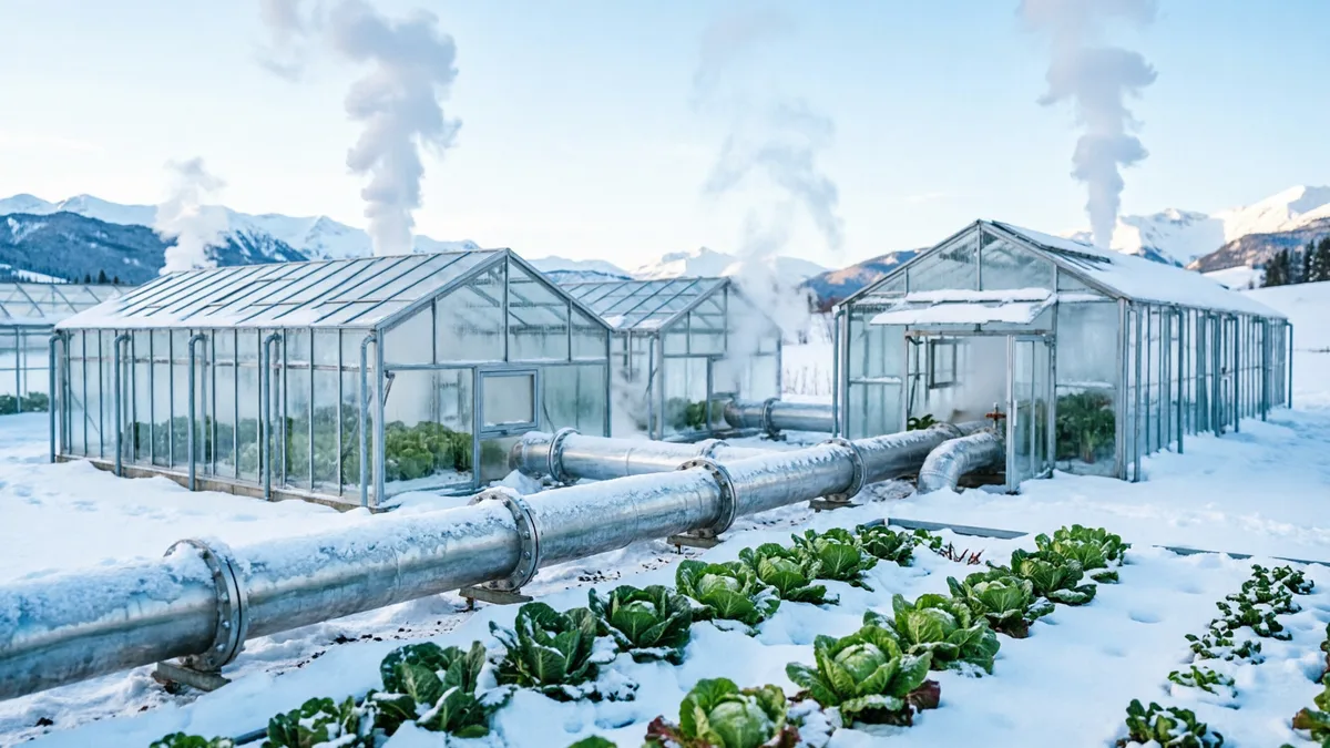 地热温室大棚群，冰天雪地中翠绿的蔬菜和花卉，地热水管道为温室供暖