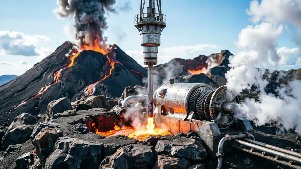 火山附近的超高温地热电站，钻井深入岩浆上方，超临界蒸汽驱动高效涡轮
