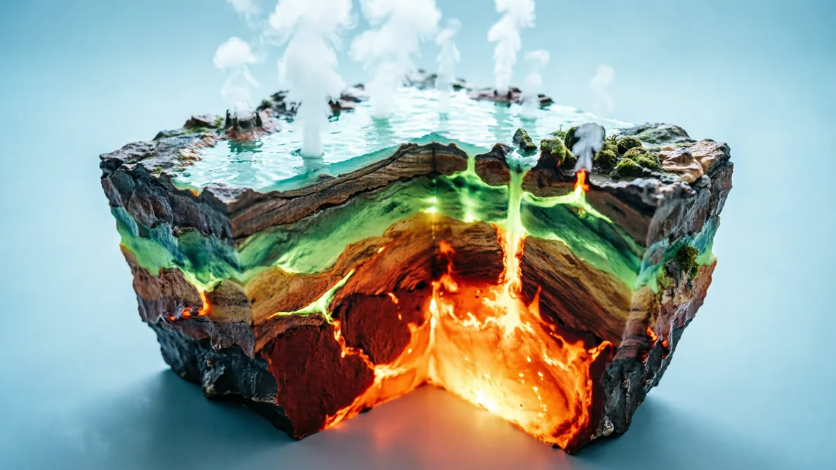 地热资源分层剖面图，从浅层水热型到深层地幔热源，温度与深度递增