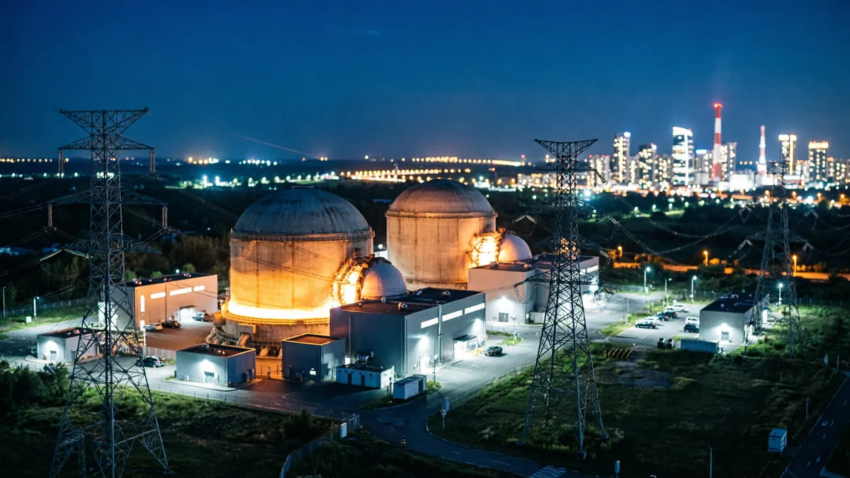 聚变电站全景，大型托卡马克建筑群与高压输电线路，城市夜景灯火通明