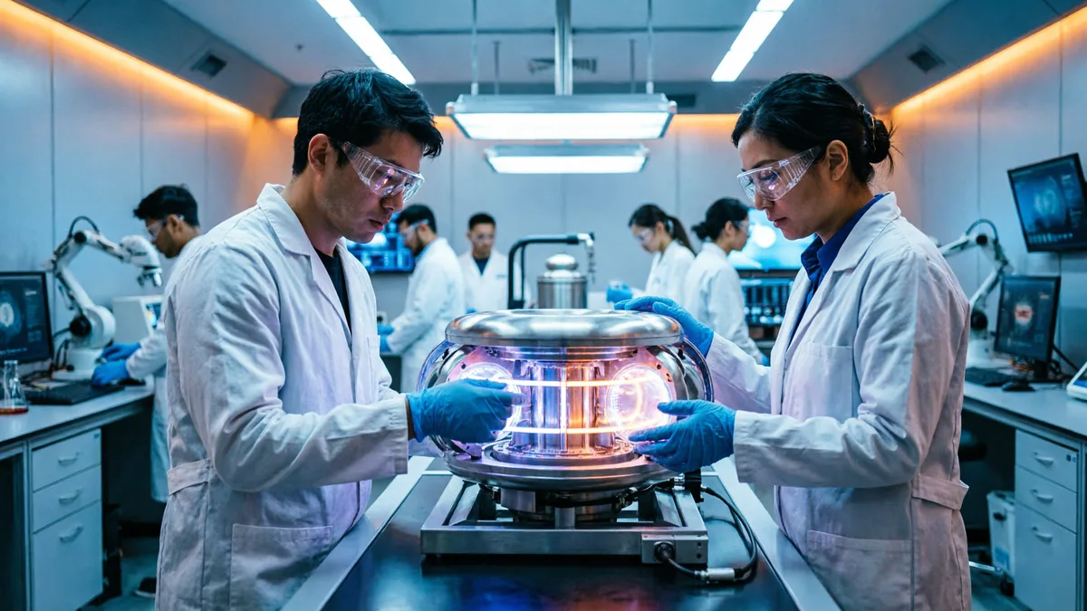 私营聚变企业实验室，工程师在紧凑型聚变装置前工作，现代化高科技环境