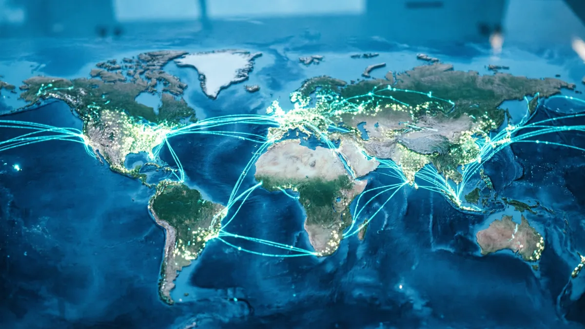 AI 智能电网调度系统，全球电力网络拓扑图，AI算法实时优化电力分配