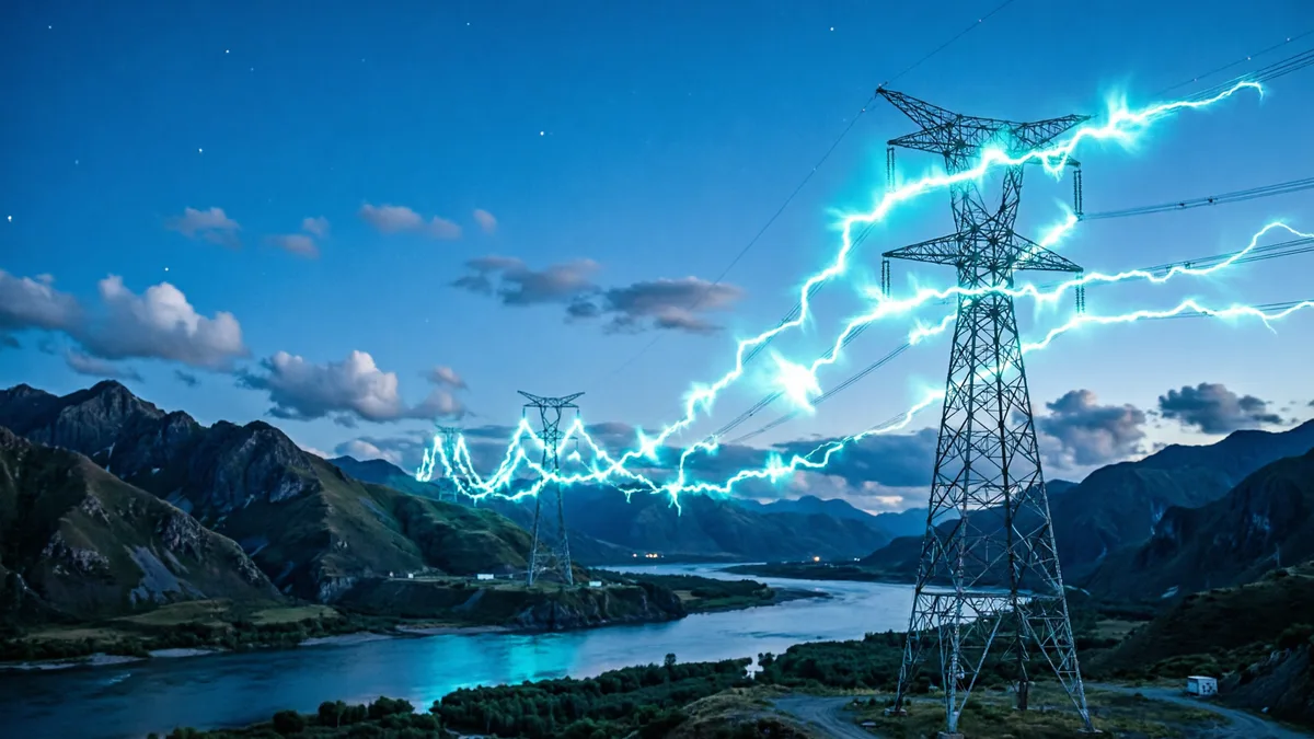 特高压直流输电线路，±1100kV 铁塔跨越山川，电晕放电在夜间发出蓝紫色光芒
