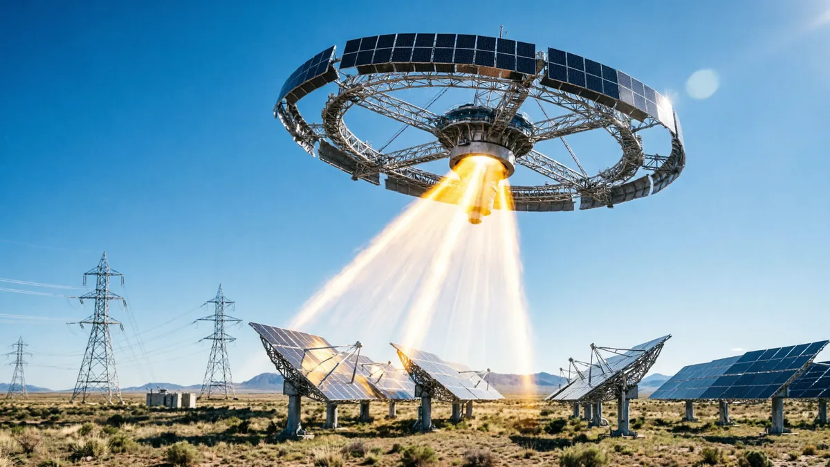太空太阳能电站微波波束射向地球，地面整流天线阵列将能量接入电网