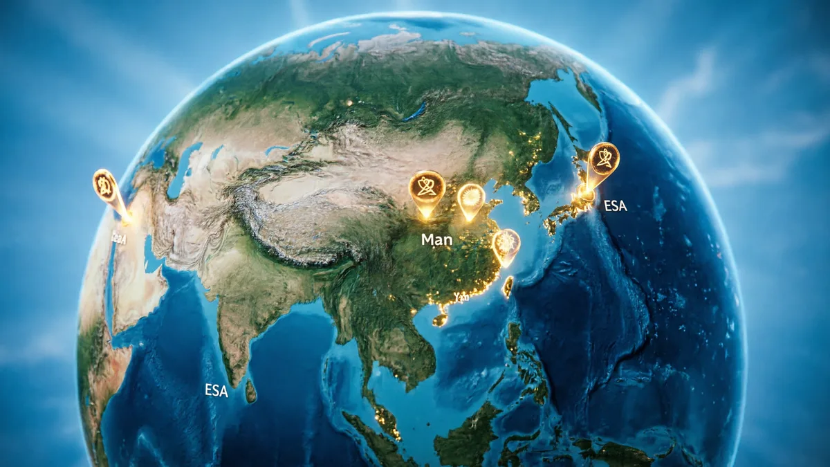 全球太空太阳能项目分布图，中国、日本、ESA、美国等国的SBSP计划示意