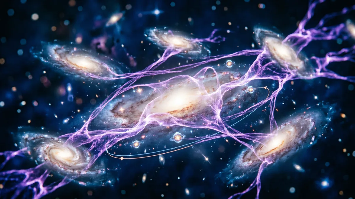 宇宙暗能量可视化，星系间紫色暗能量流，卡西米尔实验装置与宇宙学模型对比
